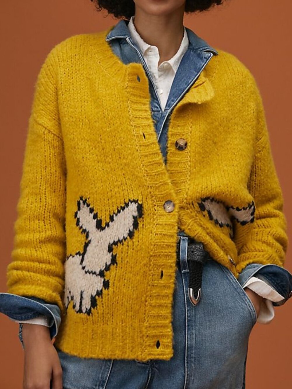 Maeve by Anthropologie Bunny Rabbit Cardigan Mustard Yellow XS Petite